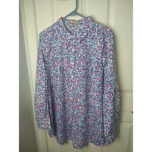 Woman Within 22/24 Collared Button LS Floral Cottage Prairie Core Shirt Pink Blu